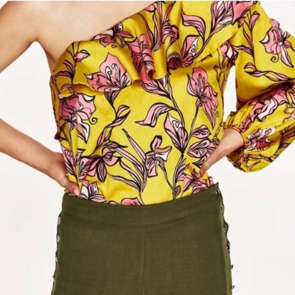 Zara Yellow Floral One Shoulder Ruffle Bodysuit - Picture 3 of 12